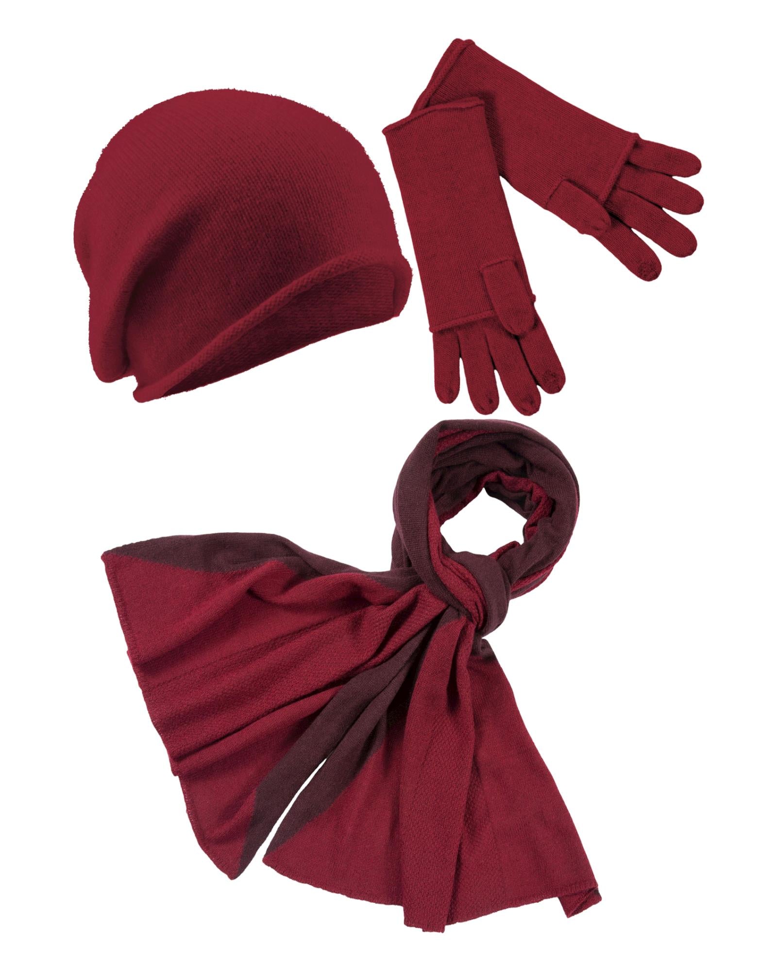 (image for) Bevorzugt Kaschmir-Beanie, Handschuh + Schal mit geometrischem Muster - Rubin